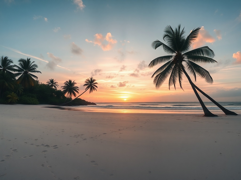 wide panoramic tropical beach sunrise, peaceful empty shore, soft colors, calm ocean