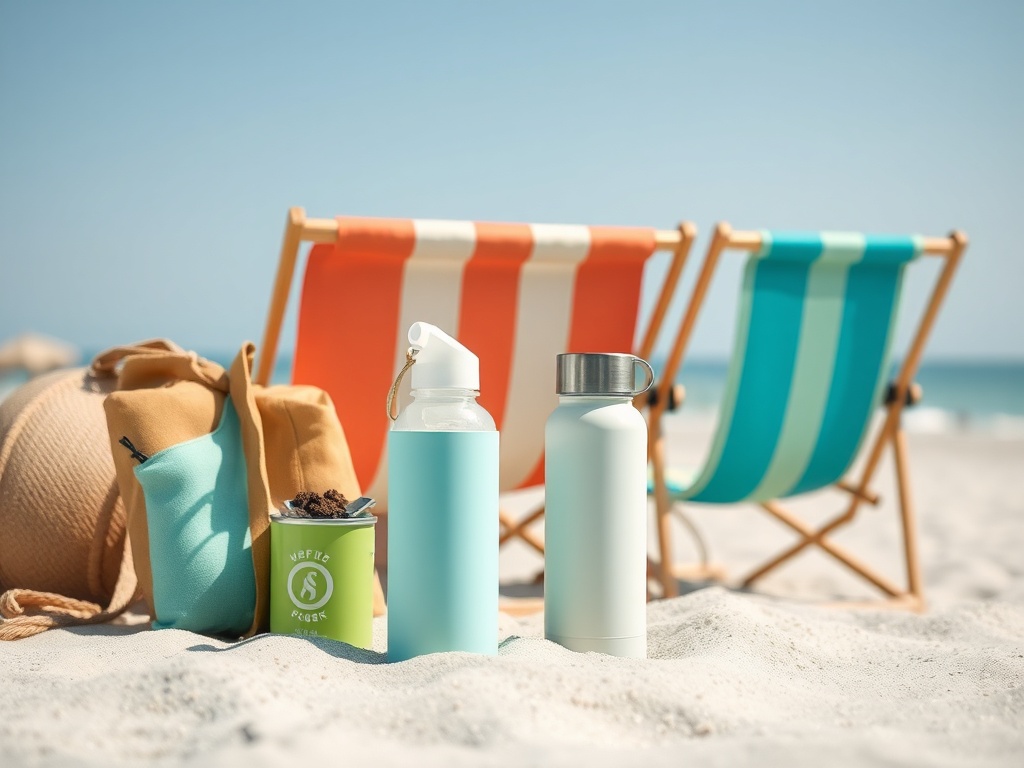 a beach scene with eco-friendly products like reusable water bottles and beach chairs