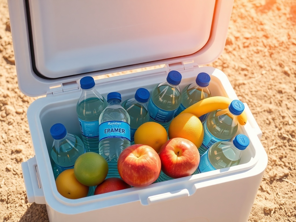 a cooler filled with water bottles and fruit under the bright sun
