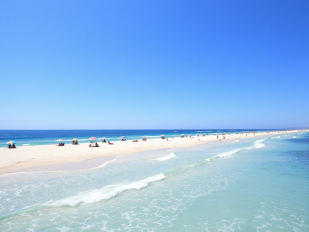 clear blue sky with soft sand beaches, crystal-clear waves, and people sunbathing under colorful umbrellas