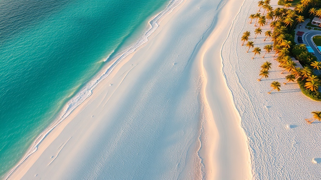 Aerial view of Florida Gulf Coast white sand beach with turquoise water