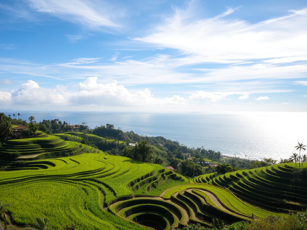 Bali rice terraces with a view of the ocean