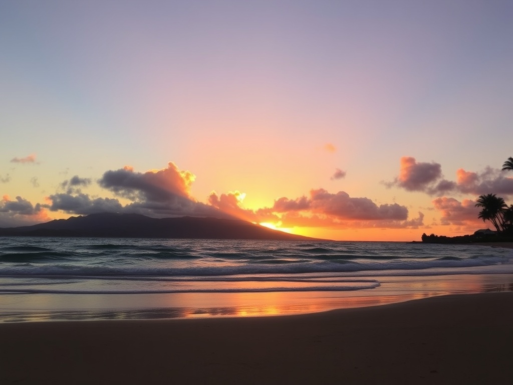 Hawaii sunset on the beach with volcanic mountains in the background