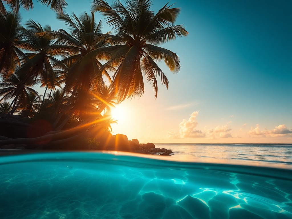 tropical beach sunrise with palm trees and clear waters