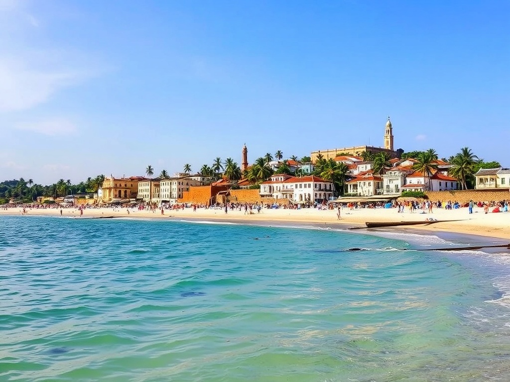 Zanzibar beach with historical Stone Town in the background