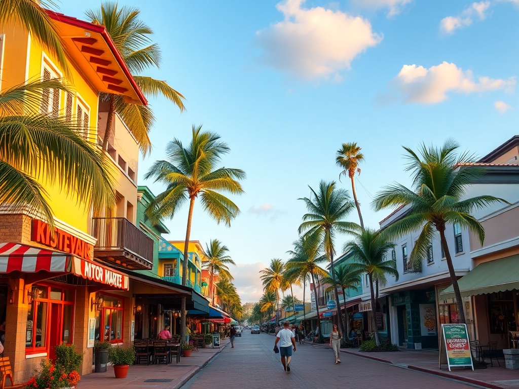 colorful local street in beach town with small restaurants and shops