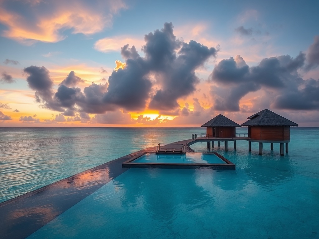 overwater bungalow resort with infinity pool at tropical sunset, luxury travel destination