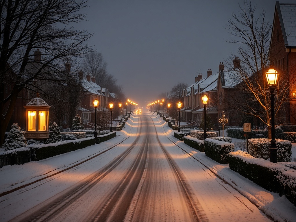 beaconsfield in winter with snow-covered streets, warm lights from homes, peaceful quiet suburban scene
