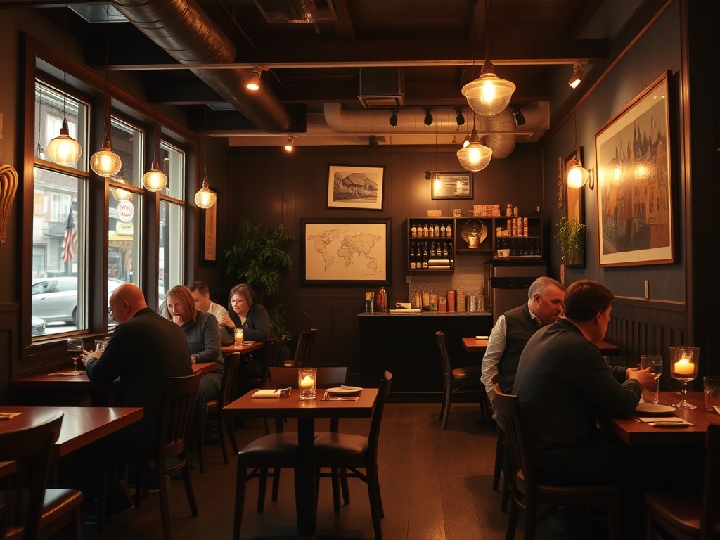 casual neighborhood restaurant in quebec serving comfort food, warm lighting, simple plates, locals dining, cozy ambiance