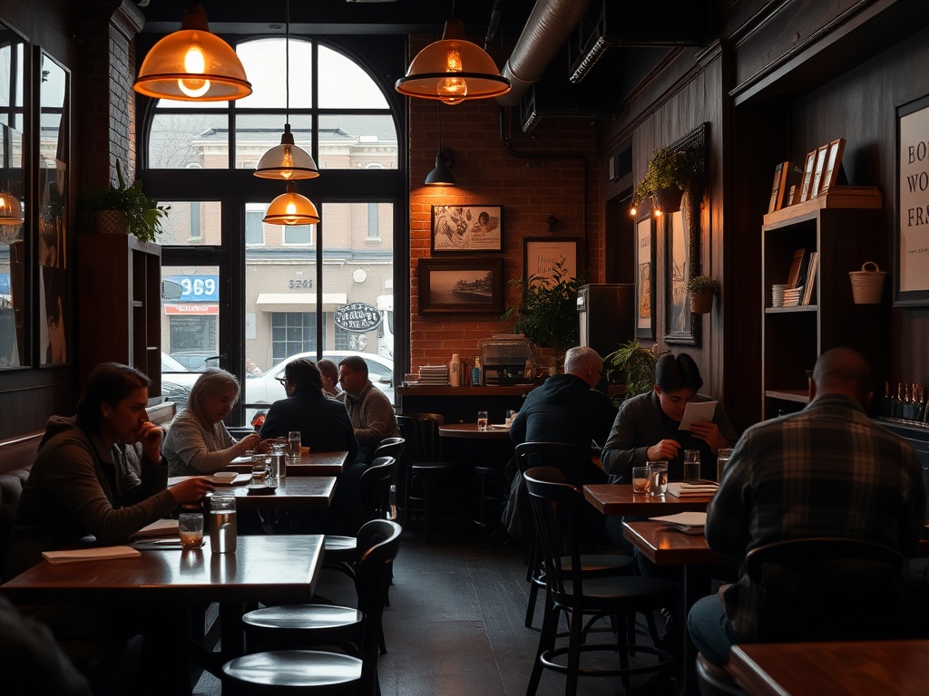 cozy independent cafe interior in quebec with warm lighting, wooden tables, people reading and chatting quietly, relaxed atmosphere