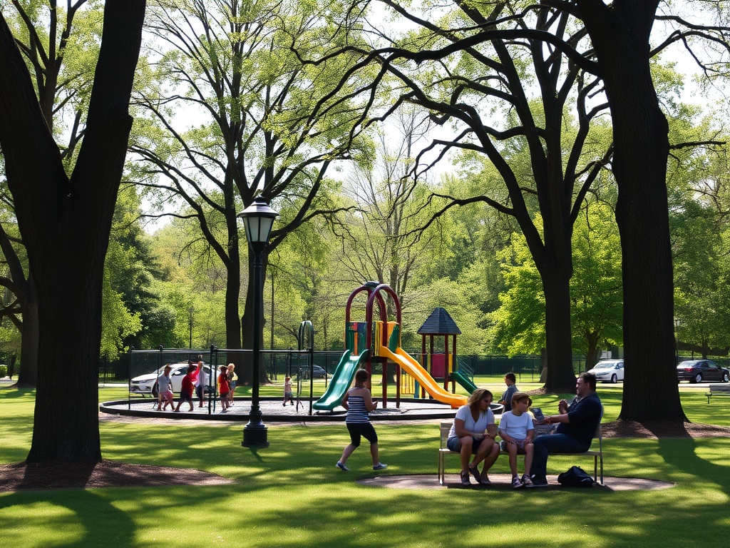 family-friendly park in beaconsfield with playground, tall trees, and relaxed suburban life, kids playing and parents chatting