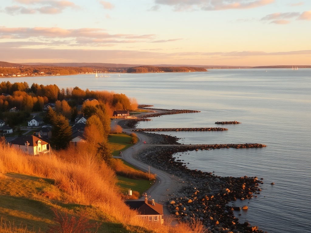 golden hour over lac saint louis with quiet residential shoreline and sailboats in the distance, warm light, peaceful suburban quebec vibe