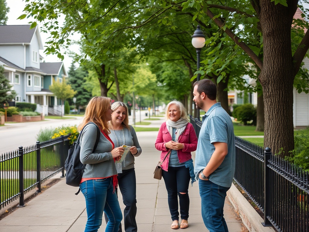 neighbors chatting casually on a suburban sidewalk in quebec, friendly atmosphere, natural candid moment, tree-lined street