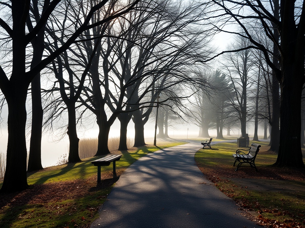 quiet lakeside walking path in beaconsfield with mature trees and benches overlooking water, early morning mist, soft light