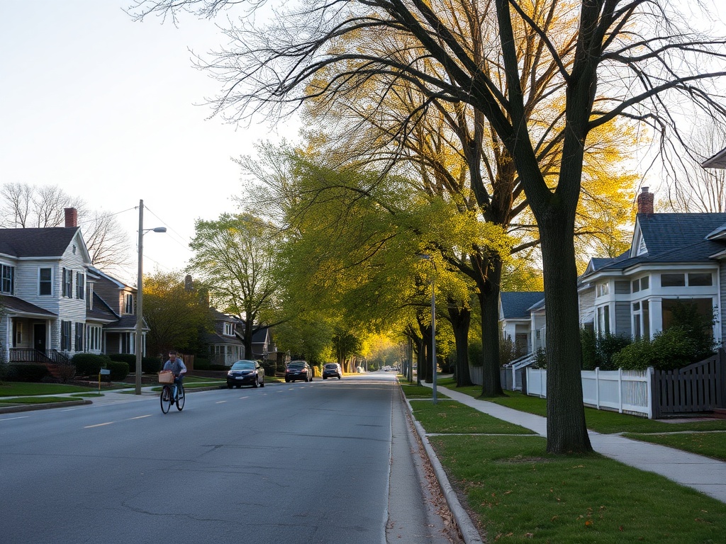 quiet suburban street in beaconsfield on a weekend with bicycles, trees, and calm residential atmosphere, soft afternoon light