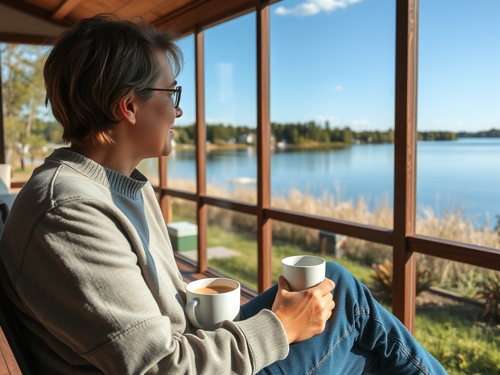 slow peaceful lifestyle scene in suburban quebec, person sitting with coffee overlooking water, relaxed and thoughtful mood