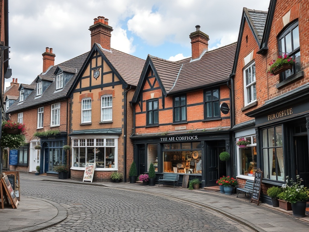 vivid description of cobblestone street in Beaconsfield Village with old houses and antique shops