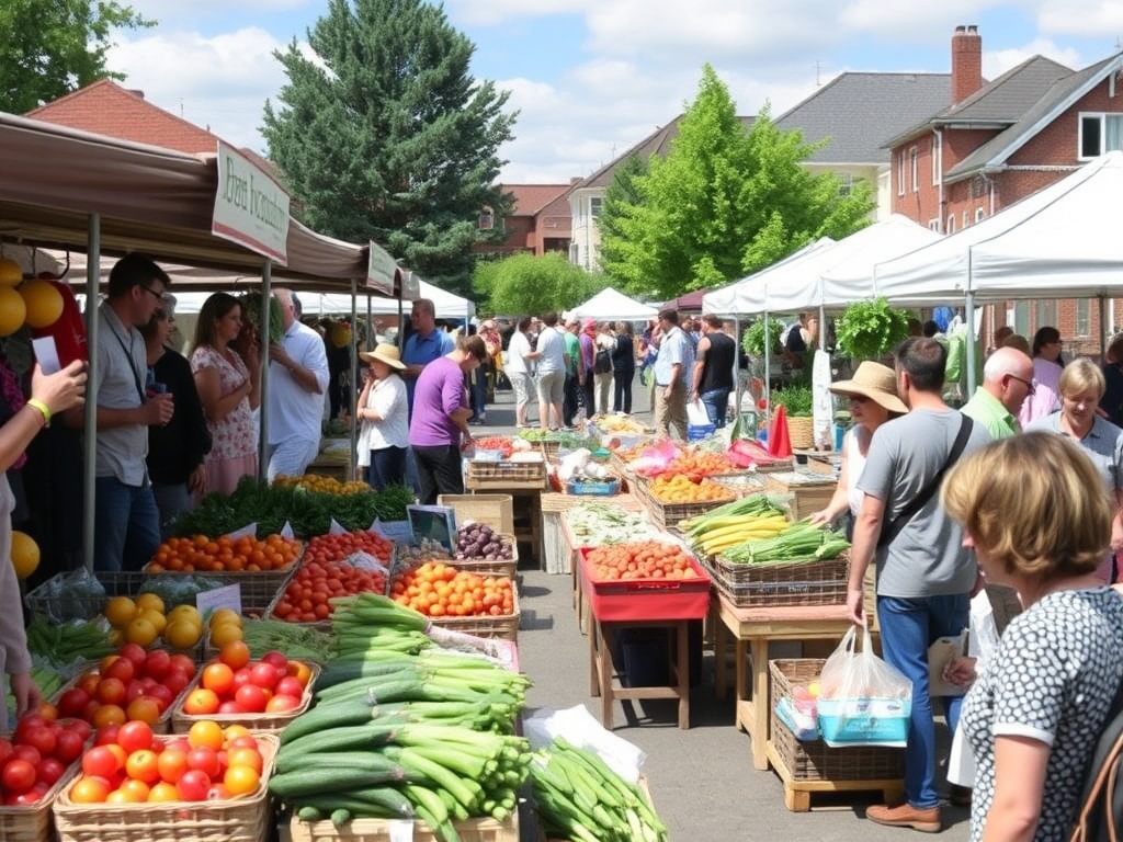 A bustling outdoor market in Beaconsfield, with vendors selling fresh produce, crafts, and people enjoying the lively atmosphere.
