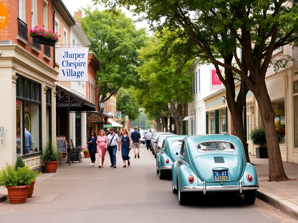 A charming street in Beaurepaire Village, with boutique shops, people walking, and vintage cars parked along the curb.