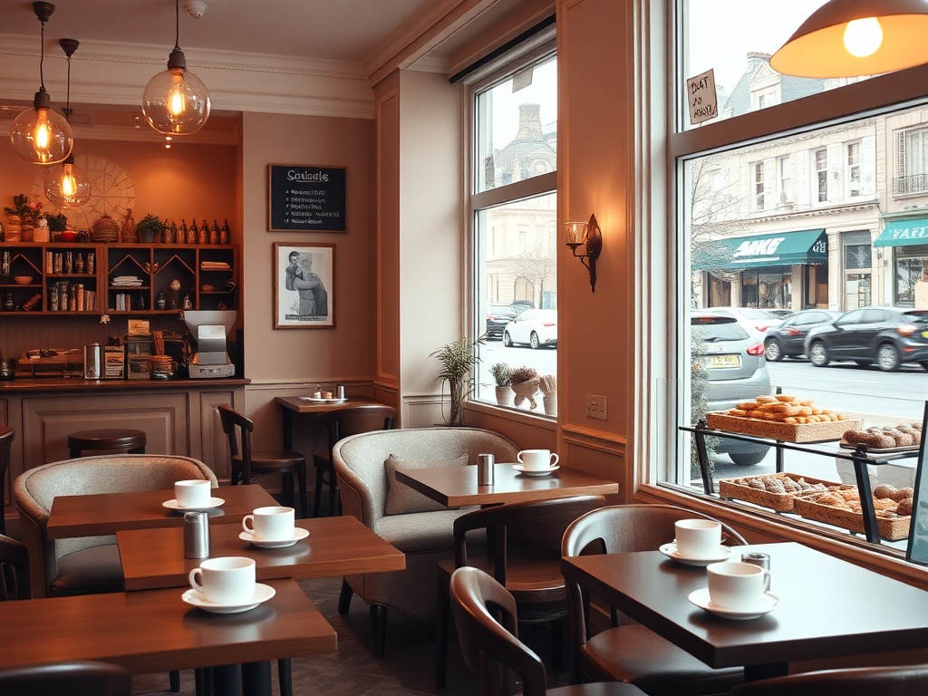 A cozy interior of a café in Beaconsfield, with warm lighting, tables filled with coffee cups, and fresh pastries displayed in the window.