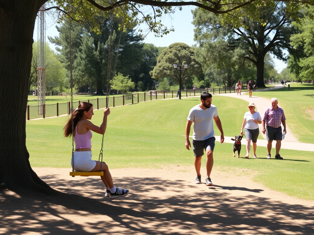 A family enjoying a sunny day at Centennial Park, with children playing on the swings and couples walking along the trails.