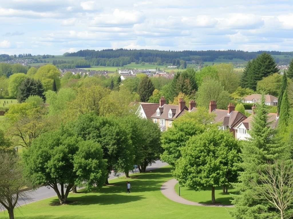 A scenic view of Beaconsfield, with tree-lined streets, charming houses, and people walking their dogs in the park.