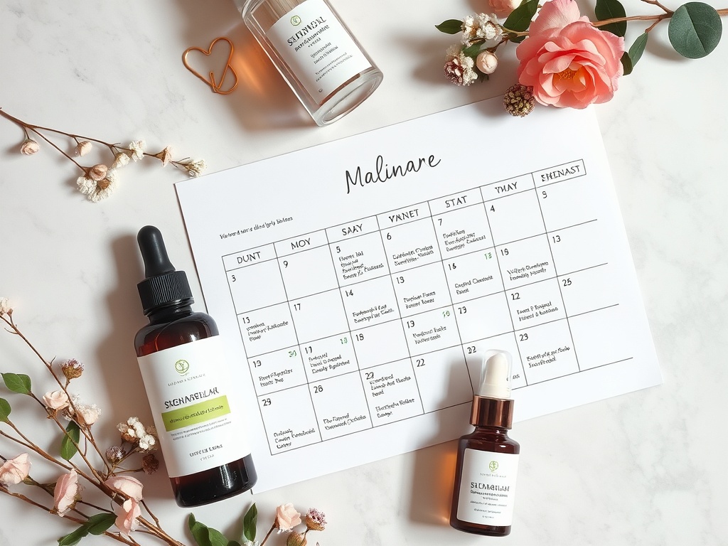 calendar with skincare notes, aesthetic flatlay with serums