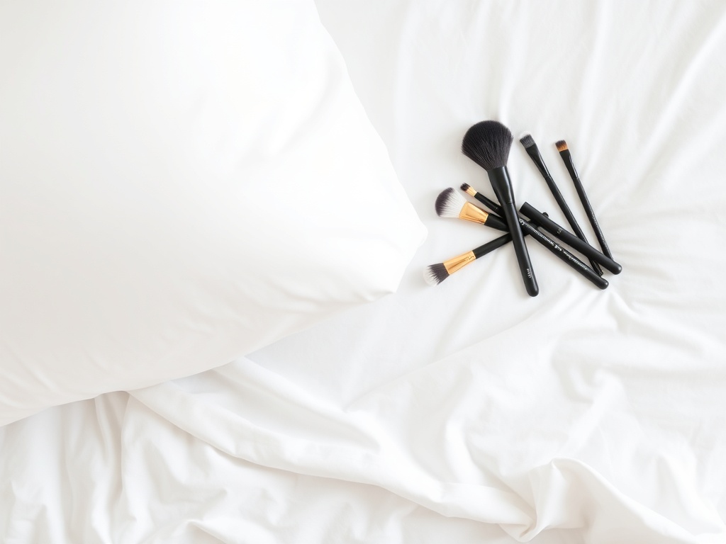 clean white pillowcase and makeup brushes, minimal hygiene aesthetic