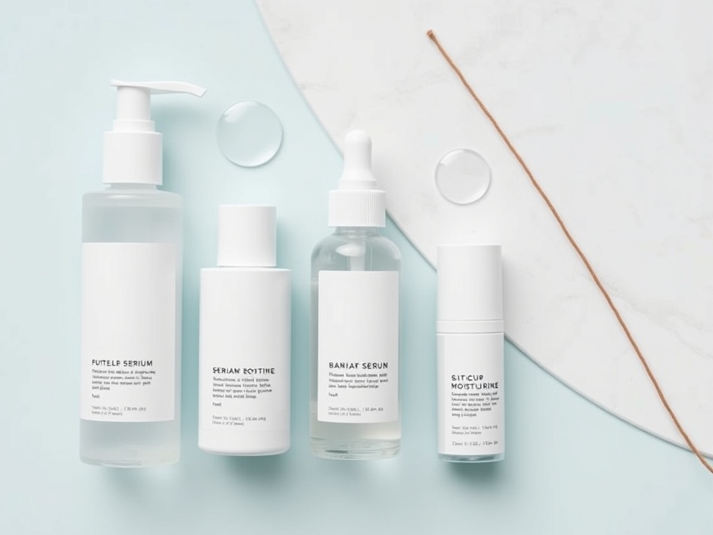 layering skincare routine flatlay, toner serum moisturizer sequence