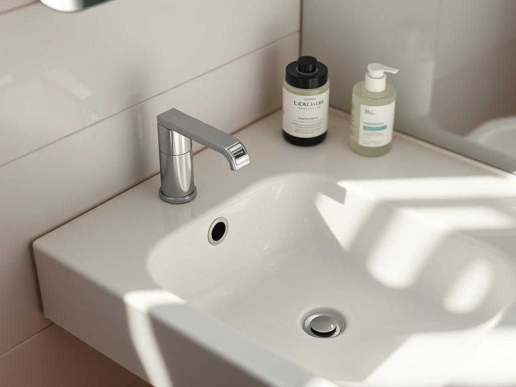 minimal bathroom sink with cleanser foam, soft natural light, skincare aesthetic