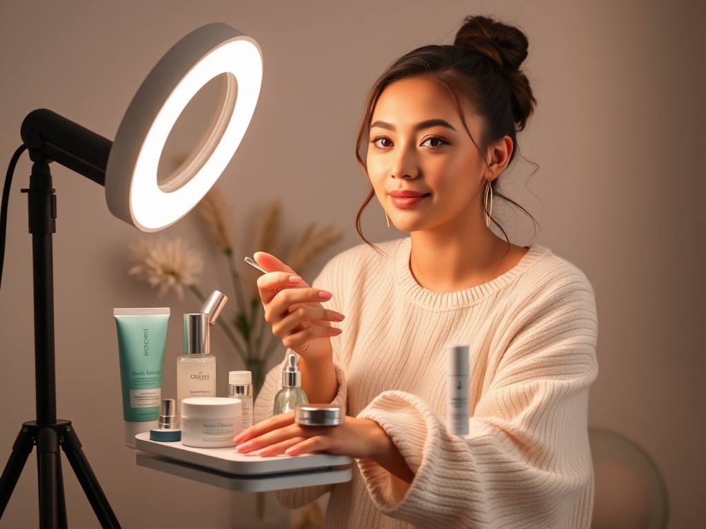 skincare influencer setup with ring light and products, modern aesthetic