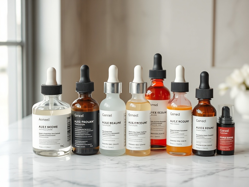 skincare products lineup with acids and serums, colorful bottles on marble