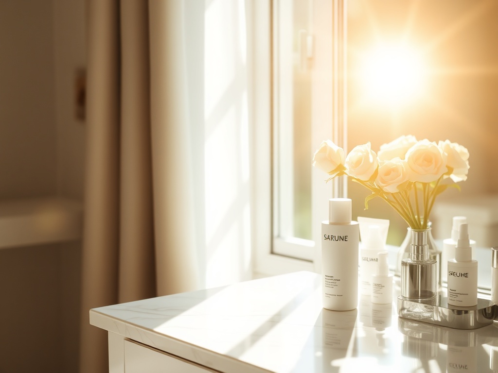 sunlight through window hitting vanity table with sunscreen bottle, modern skincare scene