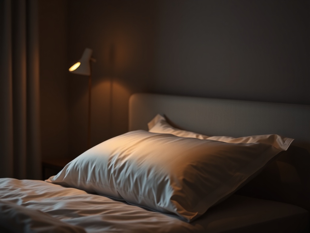 calm bedroom night aesthetic, silk pillowcase, soft lighting