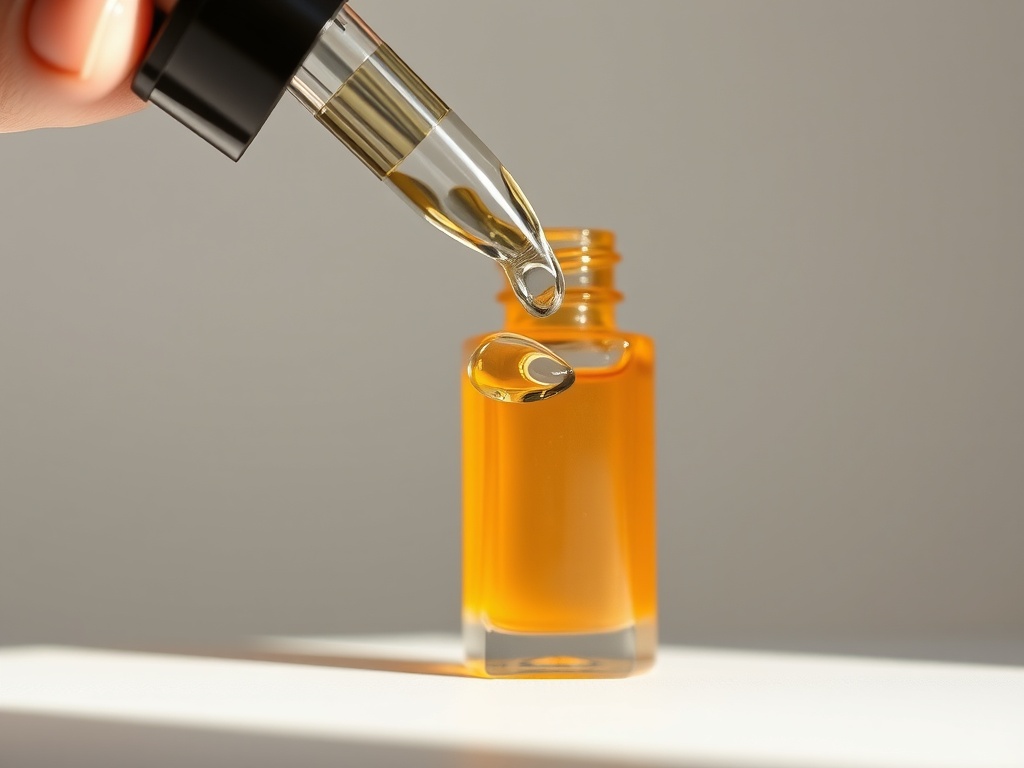 chemical exfoliant serum dropper close-up with glowing skin result