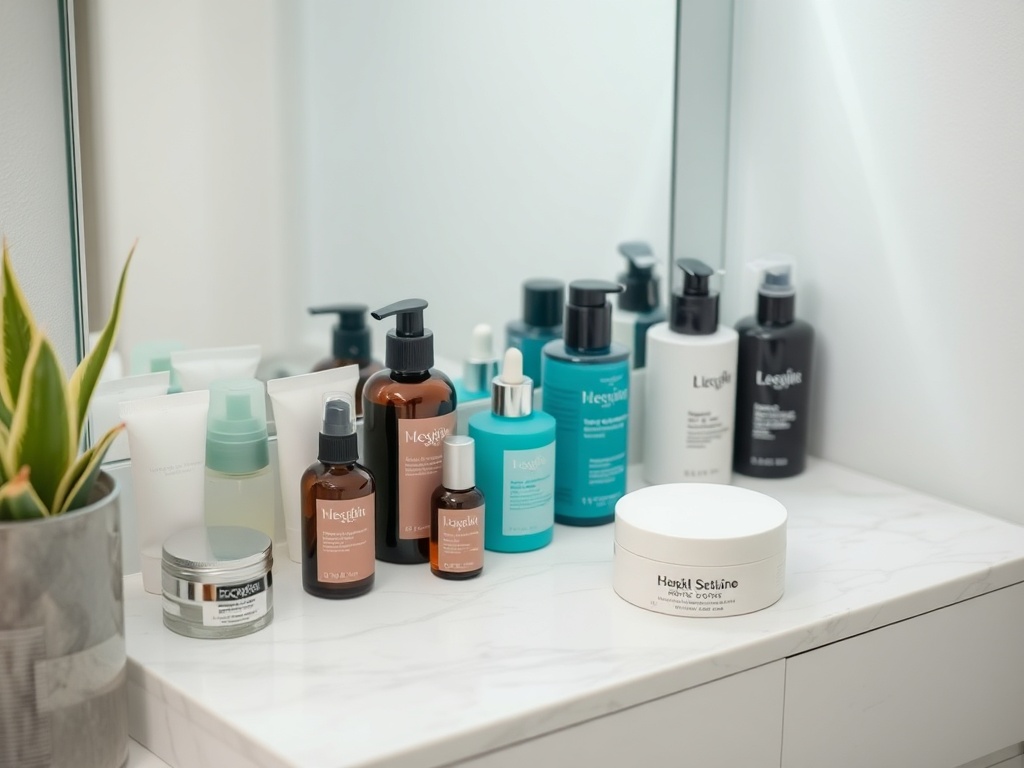 daily skincare routine setup organized neatly on vanity, consistent habit aesthetic