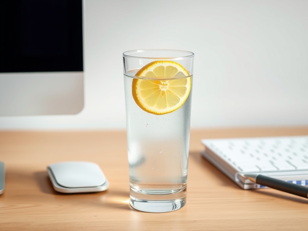 glass of water with lemon on minimal aesthetic desk, hydration lifestyle vibe