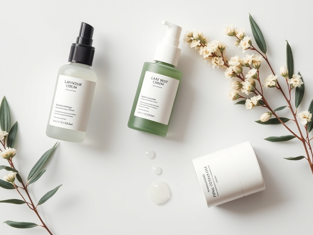 minimal skincare routine flat lay with only 3 products, clean aesthetic