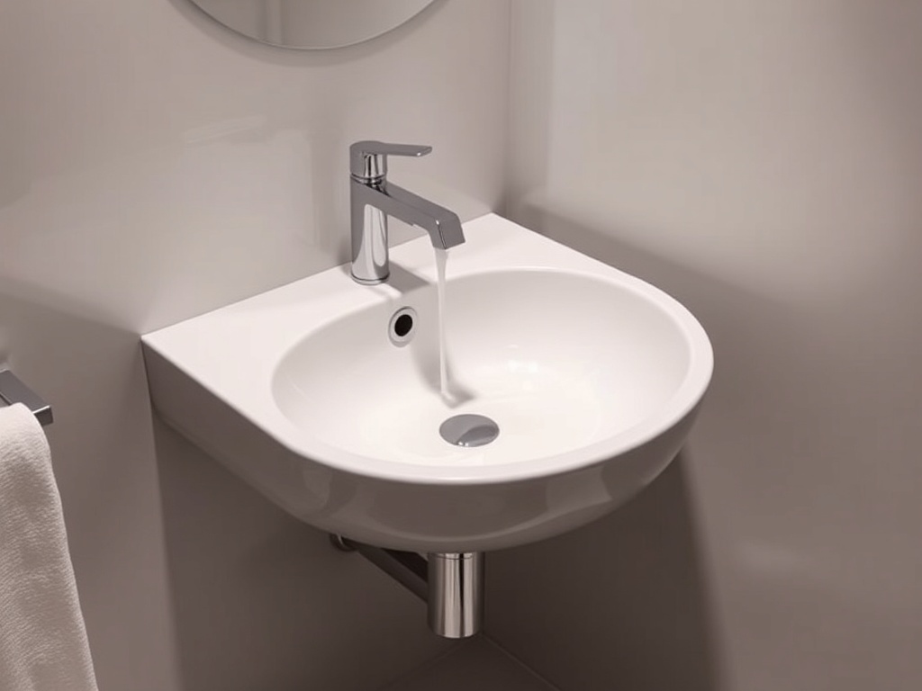 minimalist bathroom sink with gentle cleanser foam, soft lighting, clean aesthetic