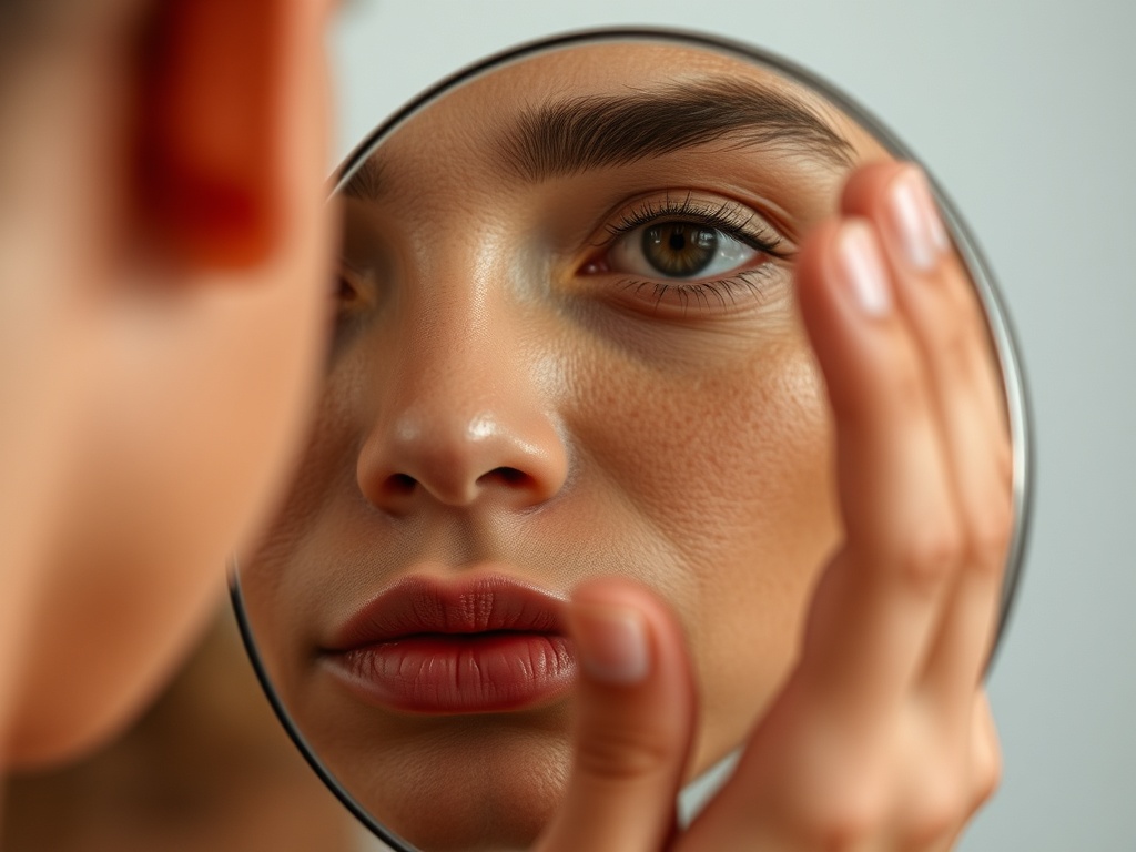 mirror reflection close-up examining skin texture thoughtfully