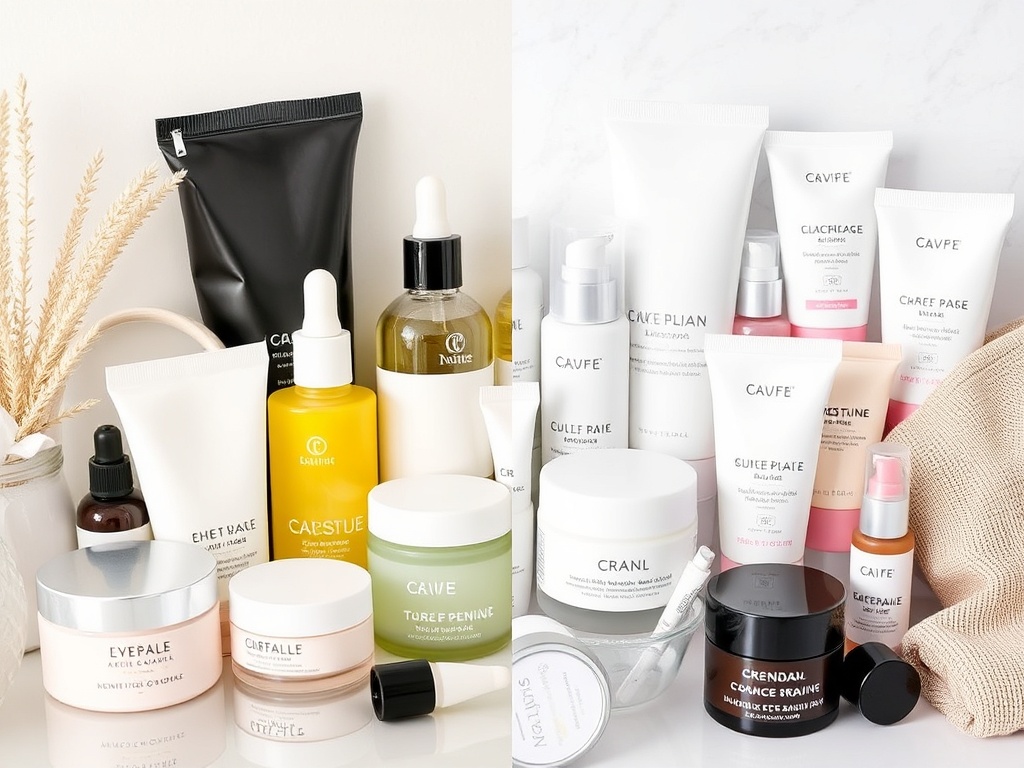 skincare products neatly arranged minimal routine versus cluttered trend products contrast