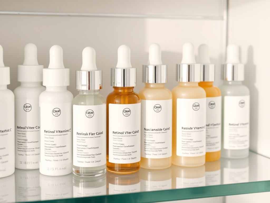 skincare shelf with serums labeled retinol vitamin c niacinamide, clean aesthetic