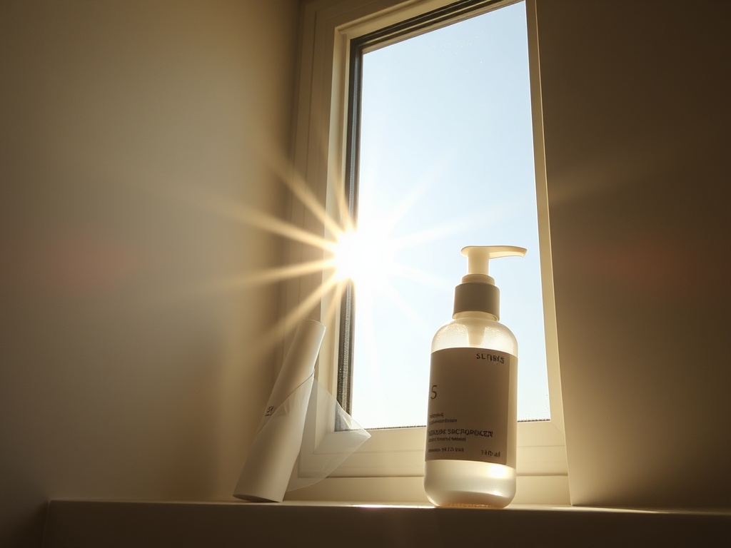 sunlight through window hitting skincare products, sunscreen bottle with modern aesthetic