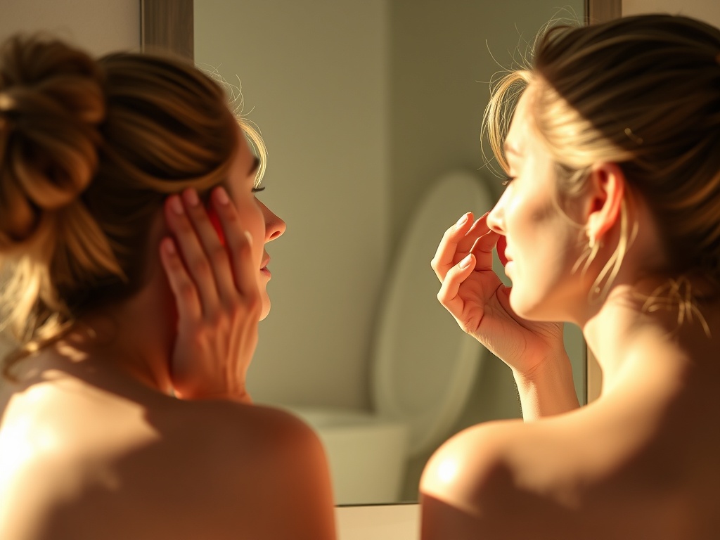 bright morning skincare routine scene with sunlight, applying sunscreen in mirror