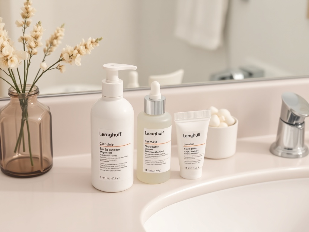 minimal skincare routine setup with cleanser, moisturizer, sunscreen on a clean bathroom counter aesthetic