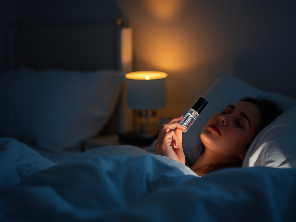 night skincare routine with soft lighting, applying serum before bed calm atmosphere