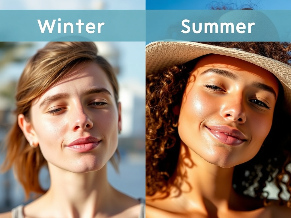 seasonal skincare concept showing winter dry skin vs summer glowing skin split image