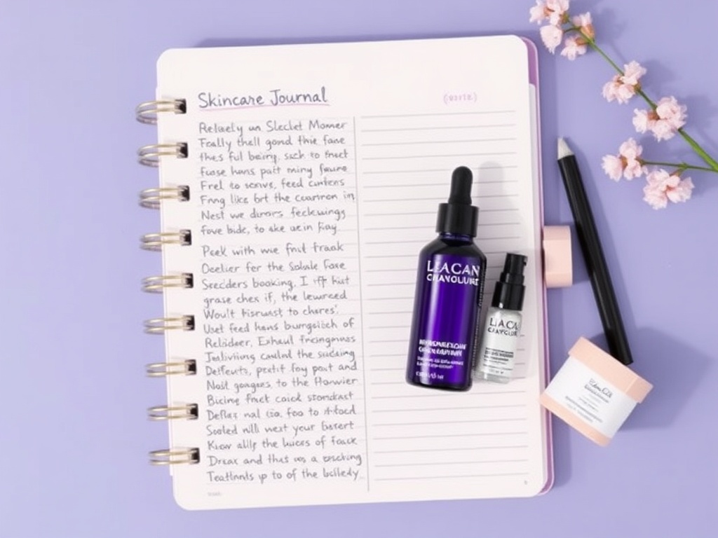 skincare journal with notes tracking product results and skin changes aesthetic flatlay
