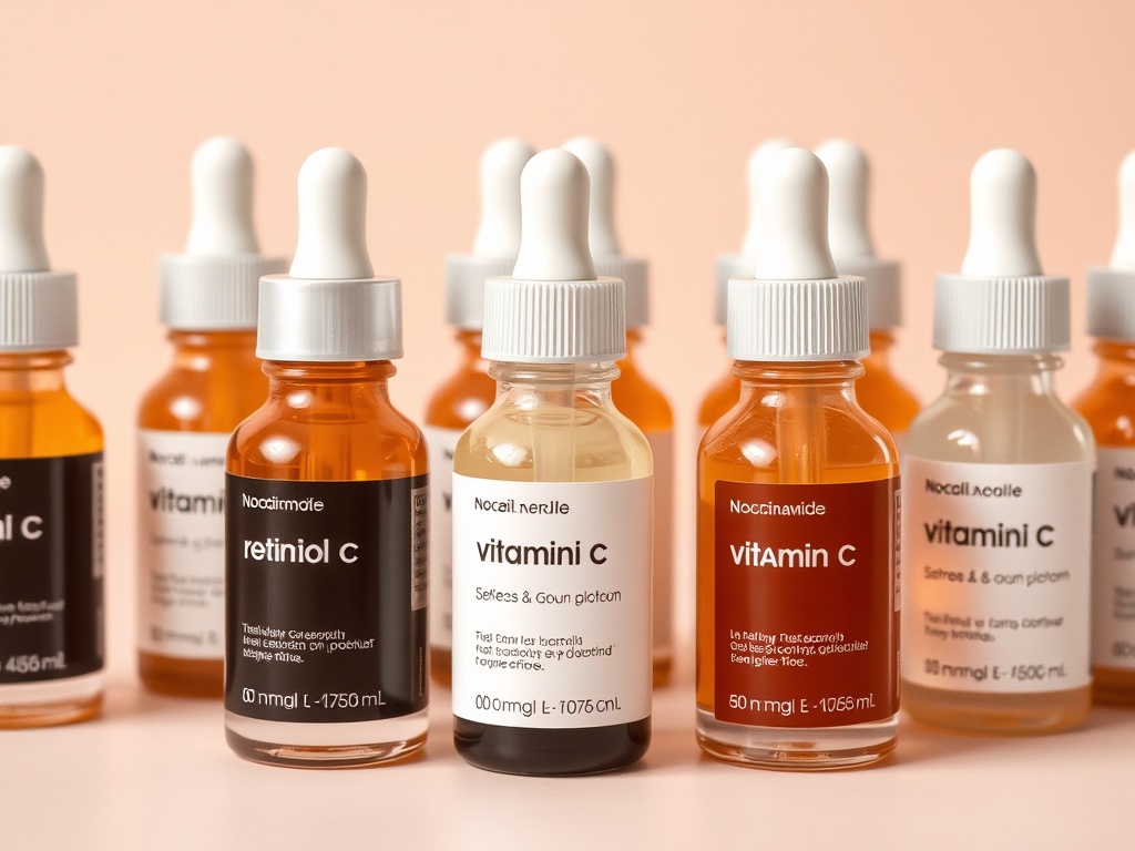 skincare serums with droppers labeled retinol, vitamin C, niacinamide arranged neatly