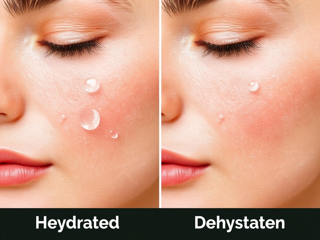 visual comparison of hydrated vs dehydrated skin with water droplets and texture difference